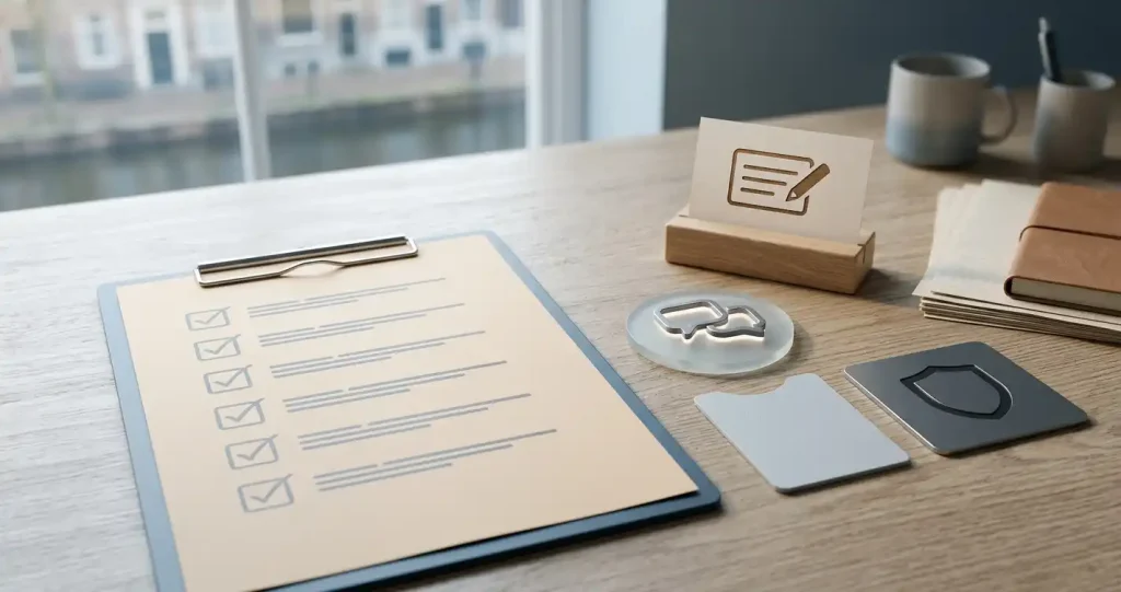 Neutrale illustratie van een betrouwbaarheidsscan met controlelijst, klantenservice, accountcontrole en registersymbolen zonder sterrenbeoordeling of casinologo